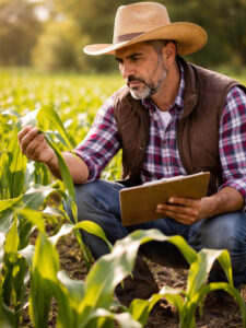 agricultor evaluando cultivo