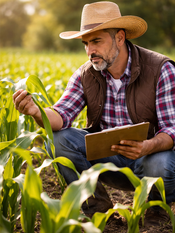 agricultor evaluando cultivo